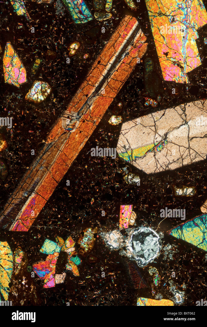 Geological microscope slide of Limburgite photographed in cross