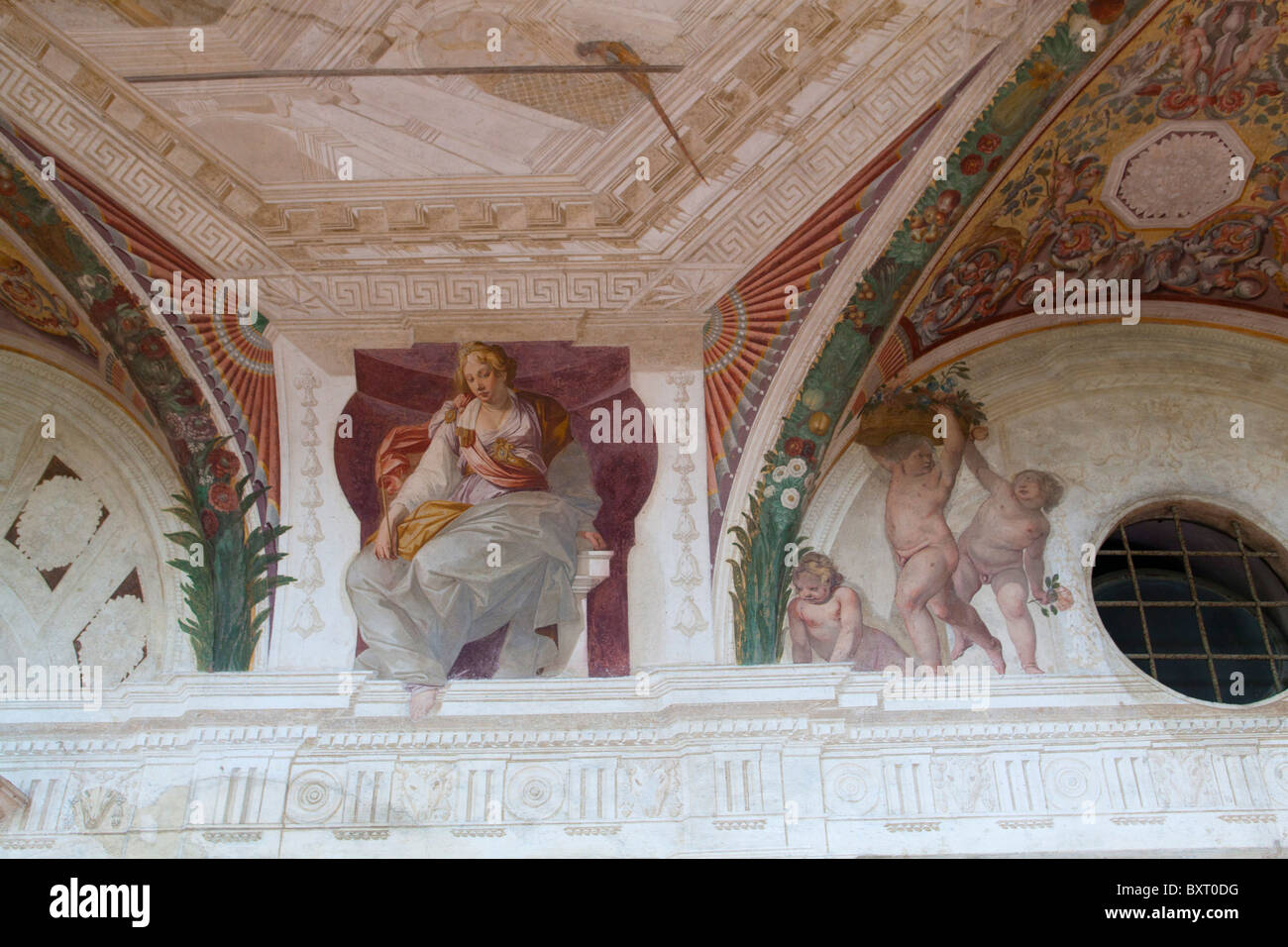 Balcony with fresco painted by Agostino Tassi, Palazzina Montalto, Villa Lante, Bagnaia, Lazio, Italy Stock Photo