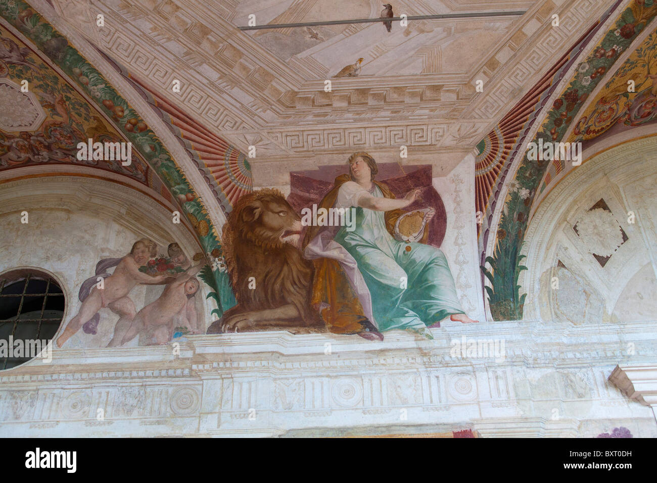 Balcony with fresco painted by Agostino Tassi, Palazzina Montalto, Villa Lante, Bagnaia, Lazio, Italy Stock Photo