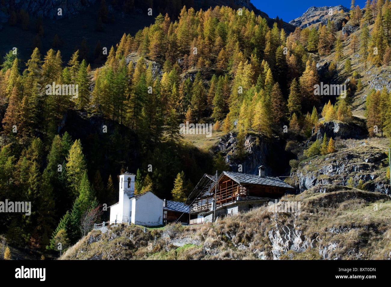 Biel Walser village, Gressoney-La-Trinite, Gressoney Valley, Aosta Valley, Italy, Europe Stock Photo