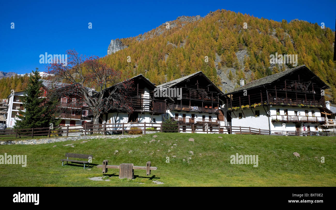 Walser houses, Gressoney-La-Trinité, Gressoney valley, Valle d'Aosta, Italy, Europe Stock Photo