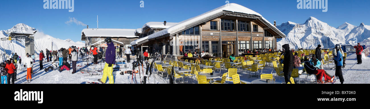 Mountainrestaurant and gondola statin Sillerenbuehl, Skiresort Adelboden, Bernese Oberland, Schweiz Stock Photo