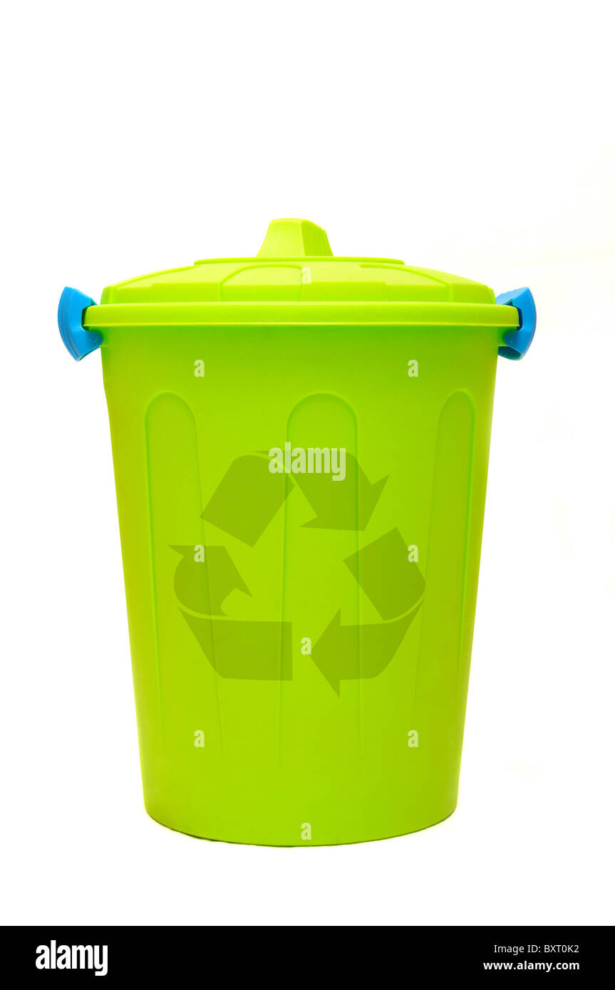 green trash bin with recycle symbol on it Stock Photo Alamy