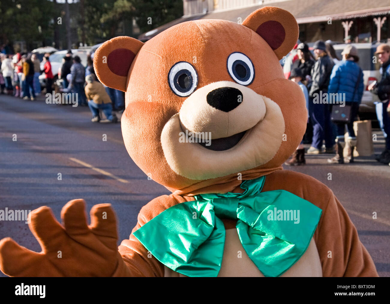 A large teddy bear in a Christmas parade in Sisters, Oregon Stock Photo