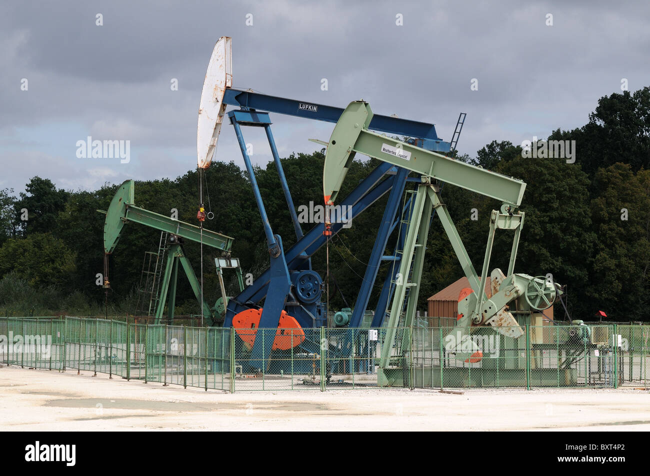Vermilion Oil well pumps at Champotran France Shale drilling in the so called Paris Basin 60km east of Paris Stock Photo