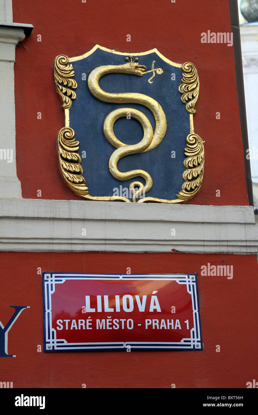 Street sign name plate and snake decoration in Liliova in Stare Mesto, Old Town, Prague, Czech Republic Stock Photo