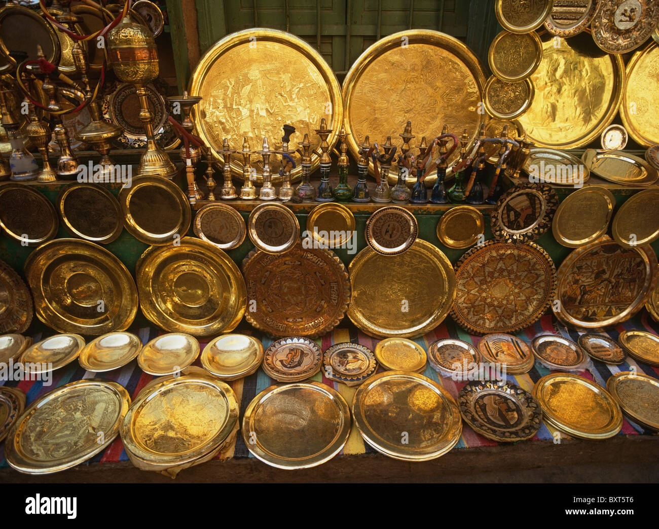 Brass Plates In Market, Close Up Stock Photo