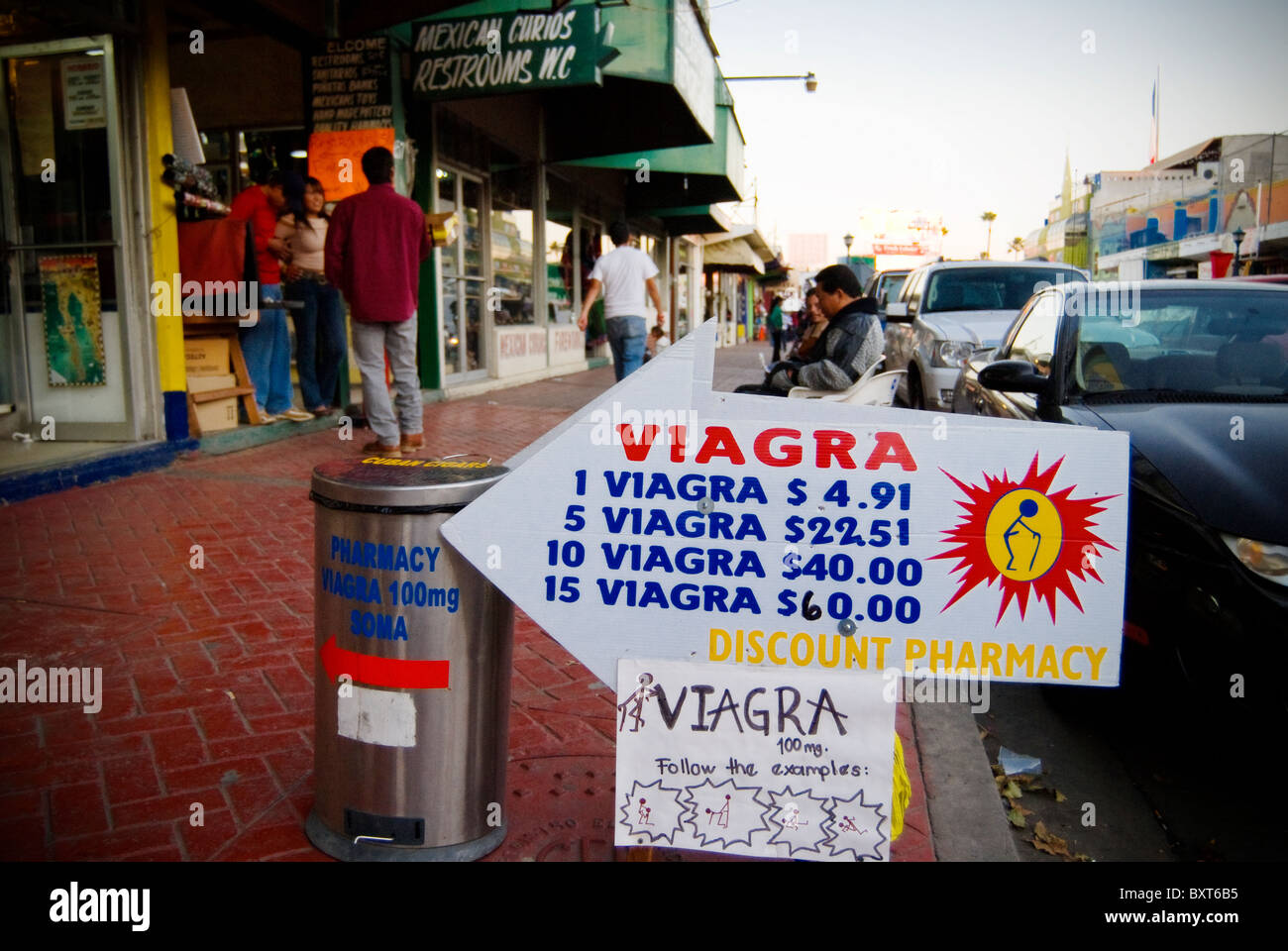 A sign advertising Viagra in downtown Tijuana Mexico Stock Photo