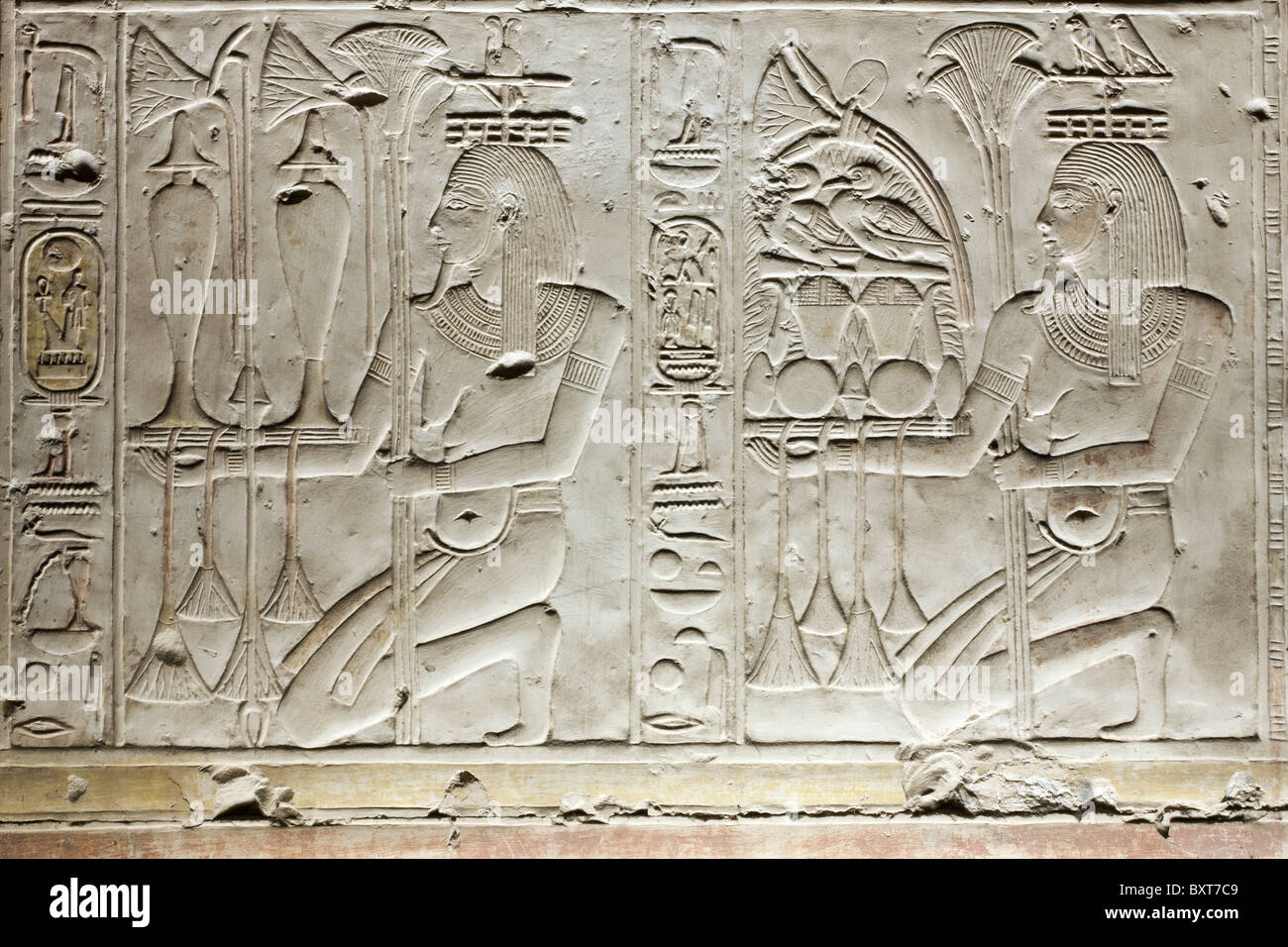 Relief work from sanctuary within the Temple of Seti I at Abydos, ancient Abdju, Nile Valley Egypt Stock Photo