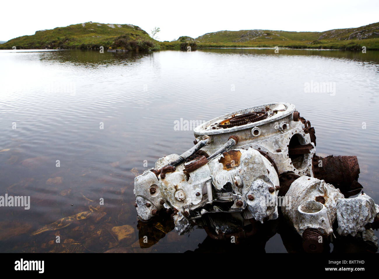 One of the two engines from the USAAF B-24 Liberator 42-95095 that crashed into the Fairy Lochs on its way home to the USA after WWII in 1945. Stock Photo