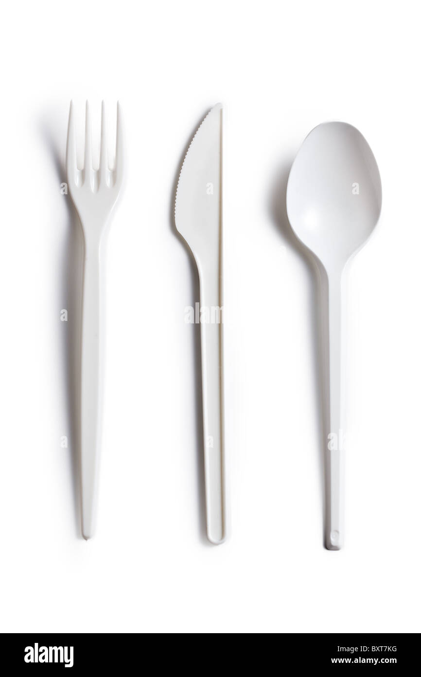 the plastic cutlery on white background Stock Photo
