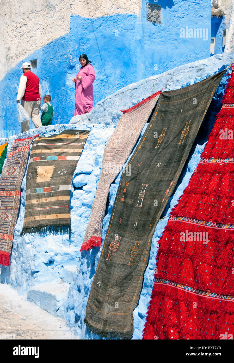 Fabrics for sale in the blue city of the Berbers, Chefchaouen, Morocco Stock Photo Alamy