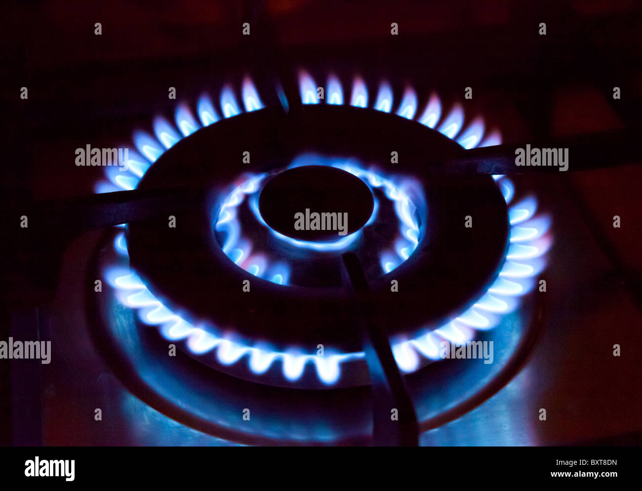 gas flames on cooker hob Stock Photo