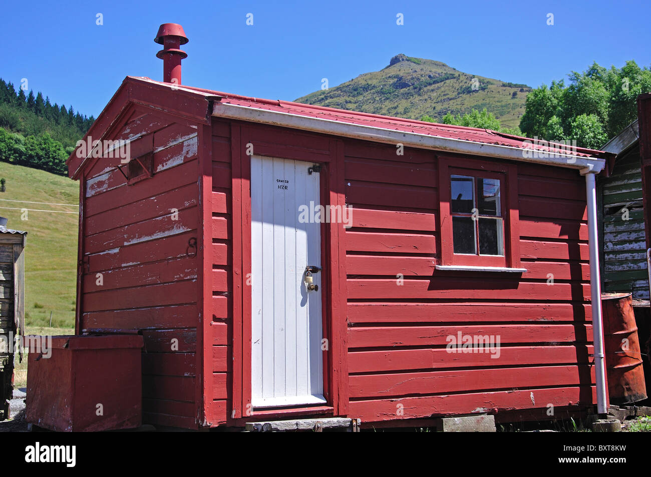 Wooden shed at Little River Railway Station, Little River, Banks Peninsula, Canterbury, New Zealand Stock Photo