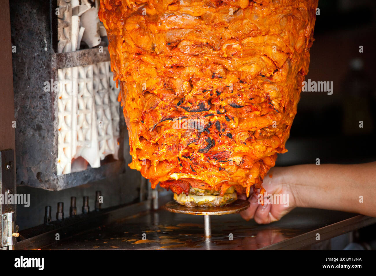 Tacos al Pastor on the spit, Coyoacan, Mexico City, Mexico Stock Photo