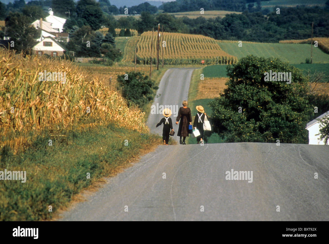 Amish children walking home from school, Lancaster County,  Pennsylvania, United States Stock Photo
