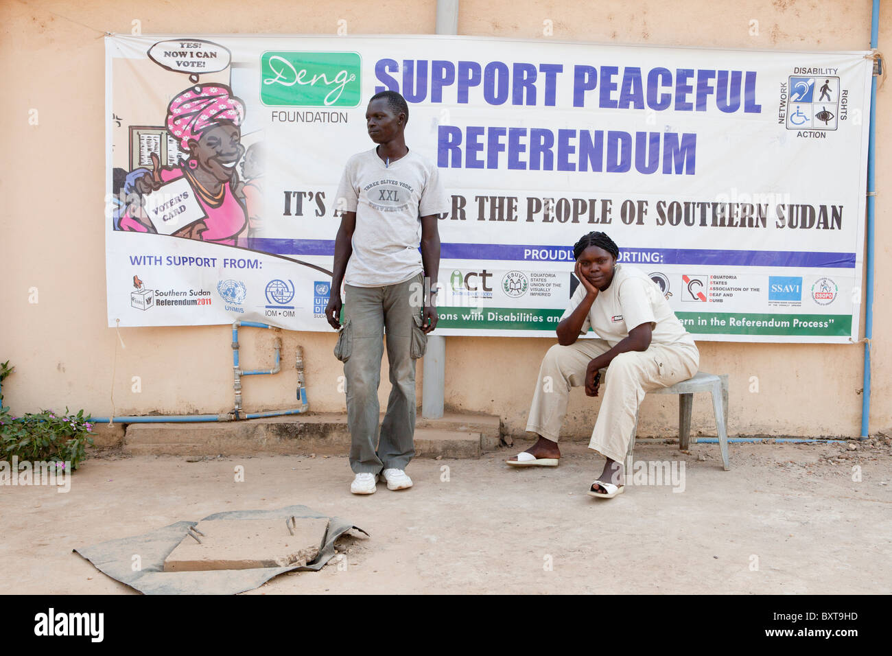 JUBA, SOUTHERN SUDAN, 8th December 2010: Referendum poster on a street corner in central Juba town. Stock Photo