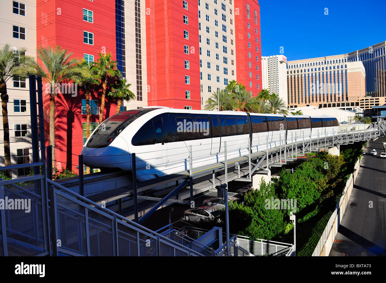 Monorail train stopping at casino hotels, Las Vegas, Nevada, USA Stock Photo