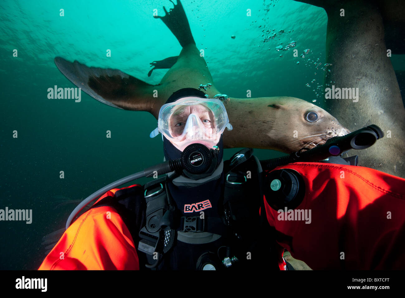 Canada British Columbia Hornby Island Selfportait of photographer Paul Souders scuba diving