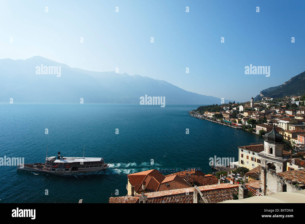 Excursion boat, view over Limone, Lake Garda, Lombardy, Italy ...