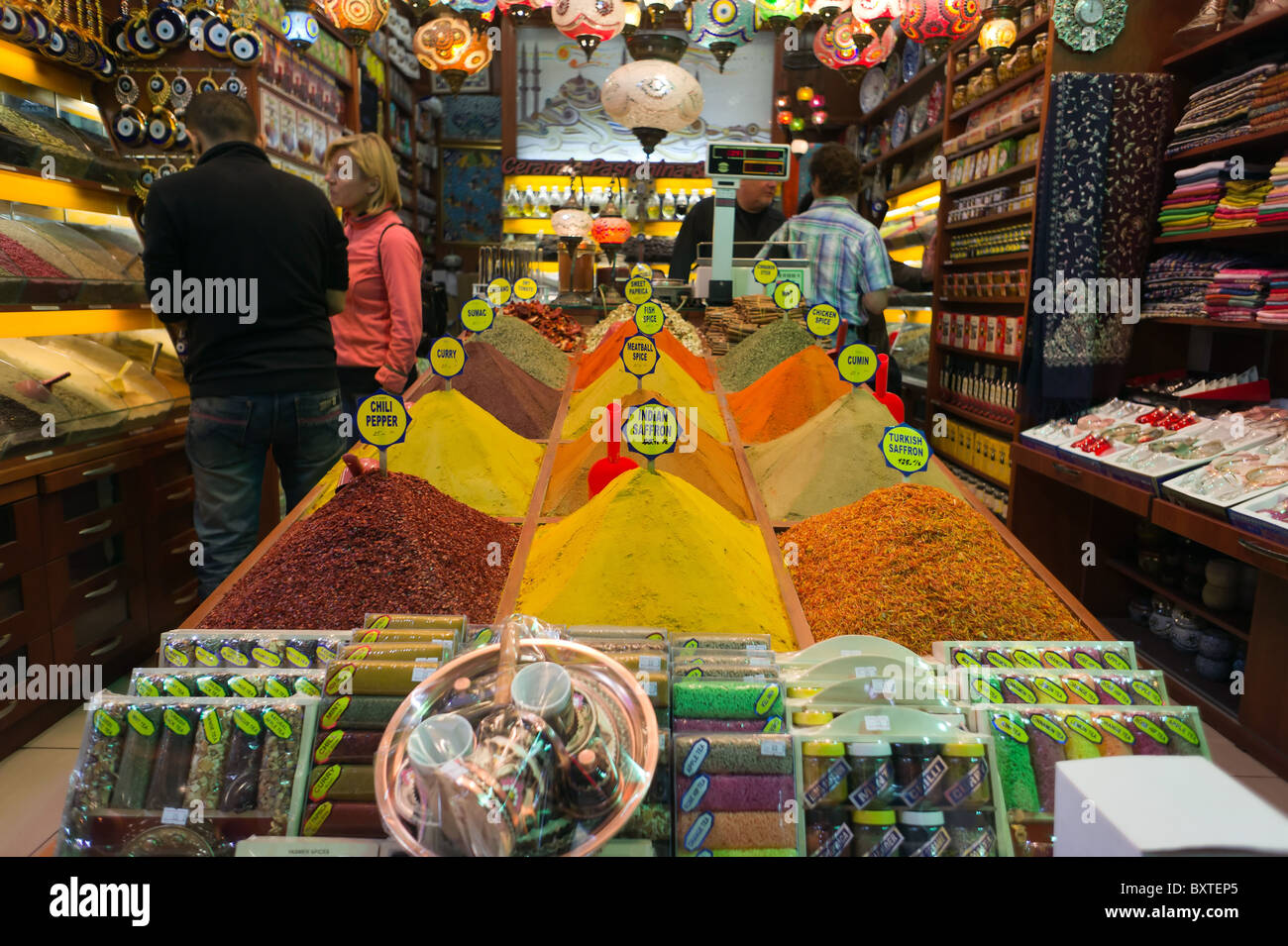 Saffron, chili and other spices for sale at The Spice bazaar, Istanbul, Turkish. Stock Photo