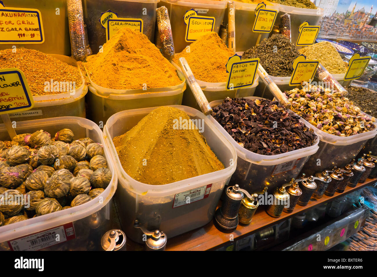 Spices for sale at The Spice bazaar, Istanbul, Turkish. Stock Photo