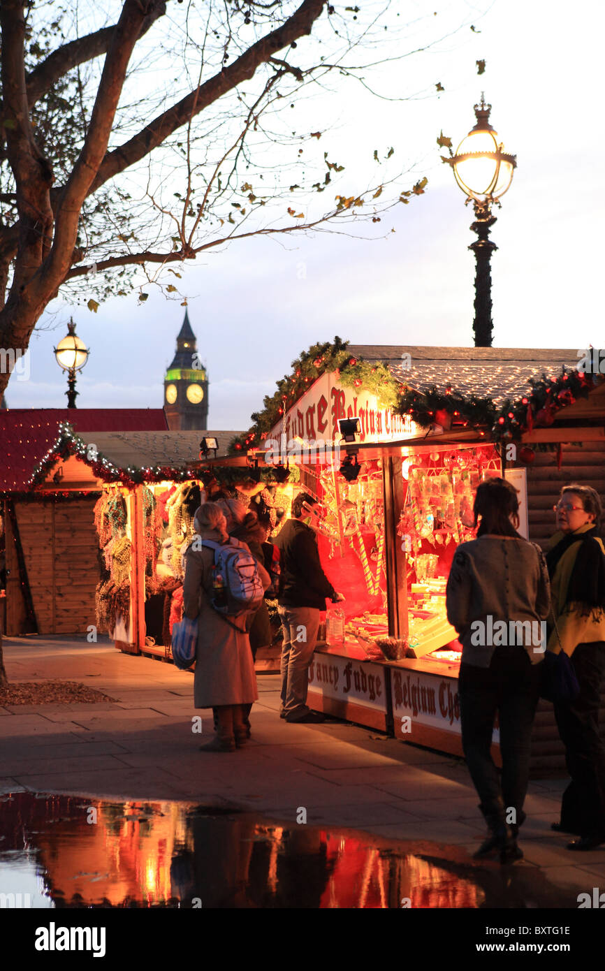 London, South Bank, Cologne Christmas Market, Big Ben In Distance Stock Photo