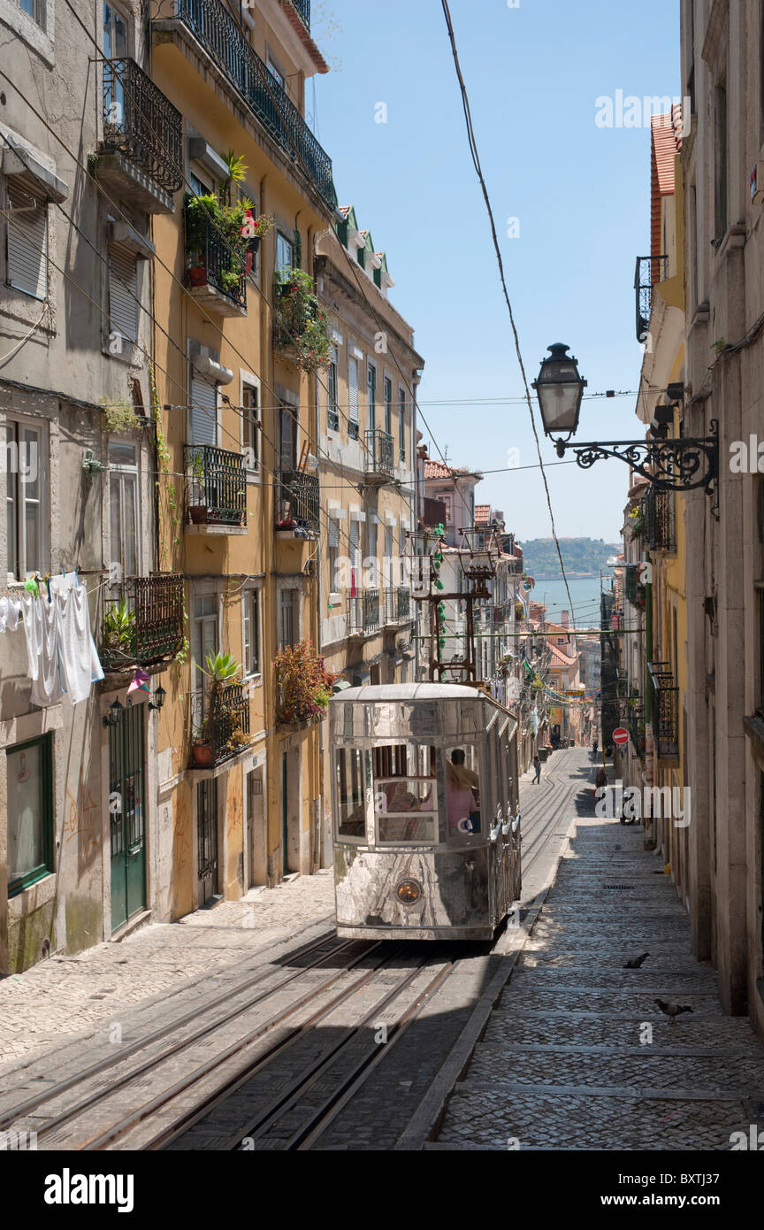 Portugal Lisbon, The Bairro Alto, The Elevador Da Bica Funicular Stock Photo