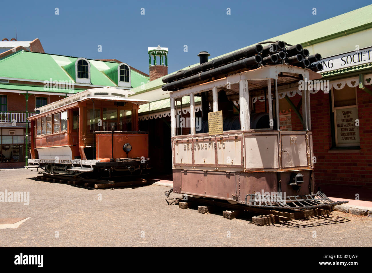 Old Tram Cars and Historic Buildings in the Big Hole Diamond Mine and Museum,  Northern Cape, South Africa Stock Photo
