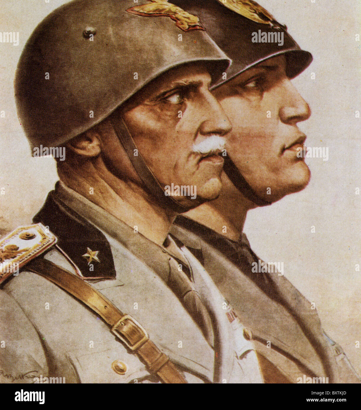 KING VICTOR EMMANUEL III of Italy in a propaganda poster next to Benito Mussolini at right about  1942 Stock Photo