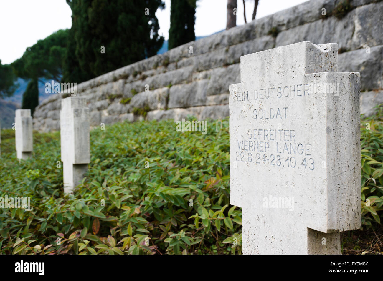 Cassino WW II (1939-1945) German military cemetery, Deutscher soldaten friedhof, tombs view, focus on tombstone. Stock Photo