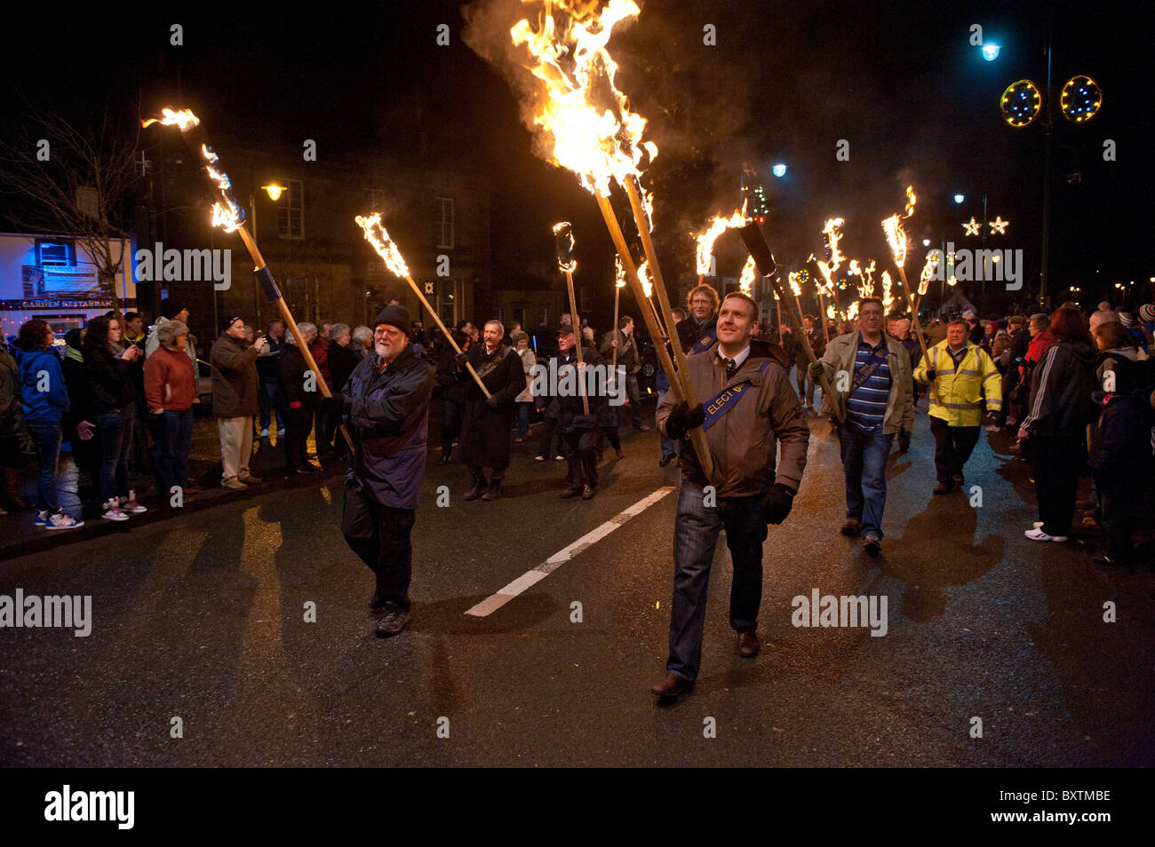Torchlight parade in Biggar High Street in South Lanarkshire, Scotland