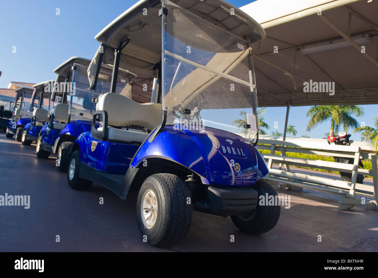 Marriott Doral Golf Resort & Spa , Miami , Florida , USA , golf buggies by Blue Monster 1st tee Stock Photo