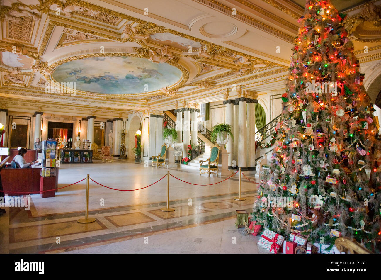 Whitehall built 1902 by Henry Flagler Museum , Palm Beach , Florida , USA , the marble Grand Hall with Xmas or Christmas tree Stock Photo