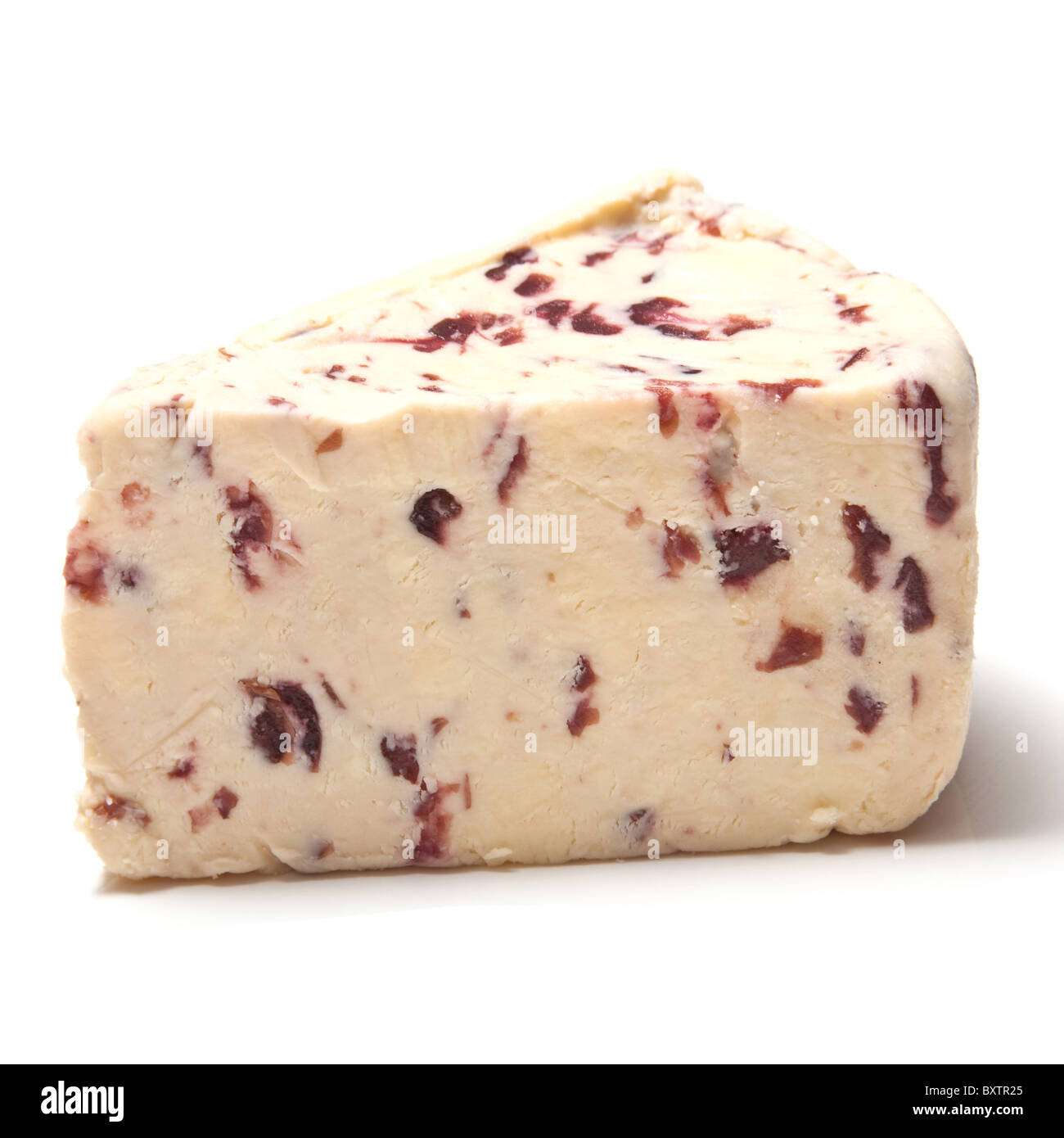 Wensleydale and cranberry cheese wedge isolated on a white studio background. Stock Photo