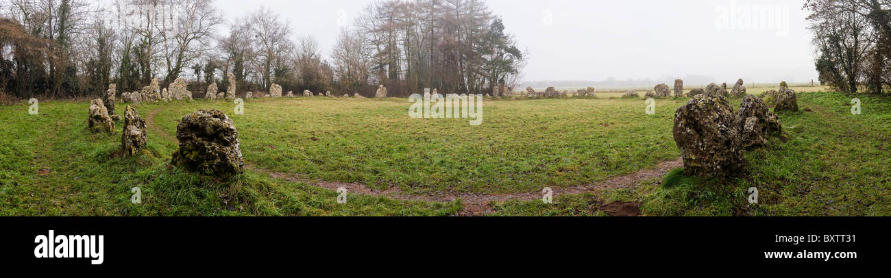 Panorama of The King's Men Rollright Bronze Age stone circle on the border of Oxfordshire and Warwickshire Stock Photo