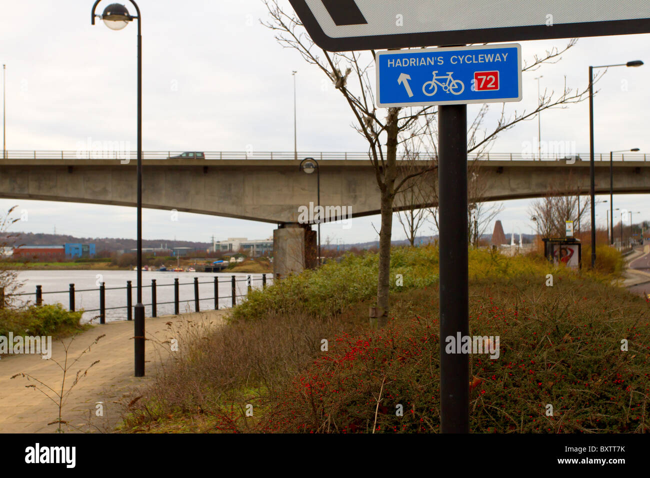 hadrians way Cycle Route information sign near scotswood bridge. Stock Photo