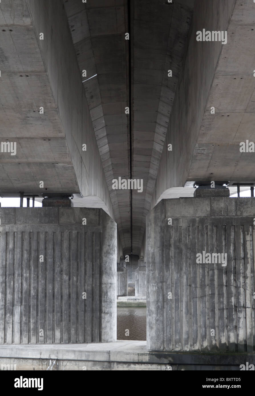 The underside of the massive concrete A1 road bridge that spans the river tyne at Scotswood. Stock Photo