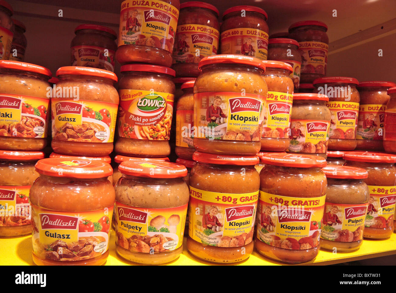Imported Polish food jars for sale on the shelf of a Polish food shop in West London, UK. Stock Photo