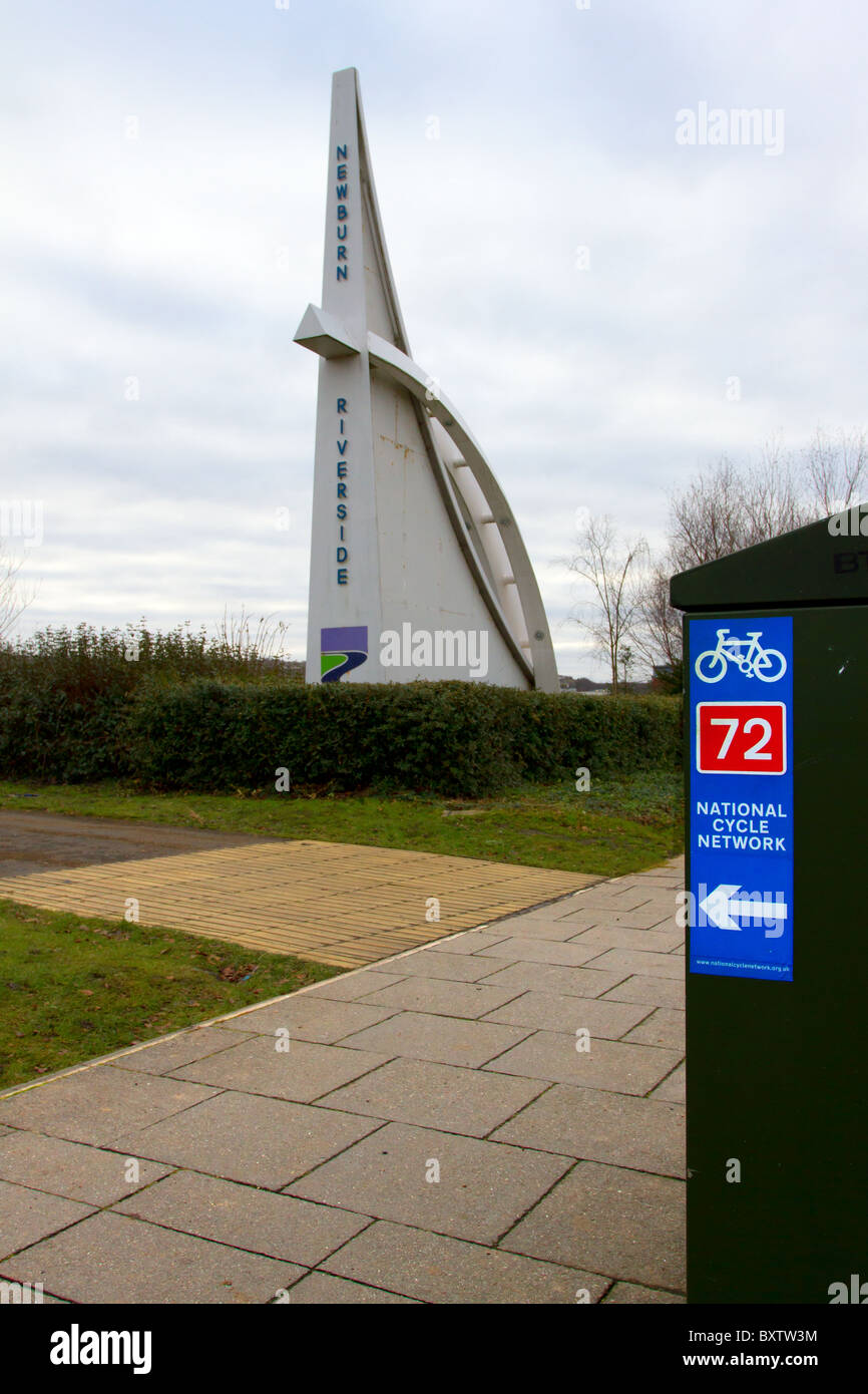 Newburn Riverside Park entrance sign and cycle route sign. Stock Photo