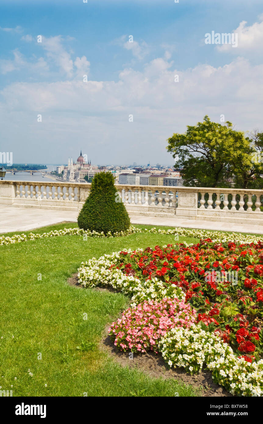 Flower gardens Hungarian National Gallery overlooking the city of Budapest Hungary EU Stock Photo