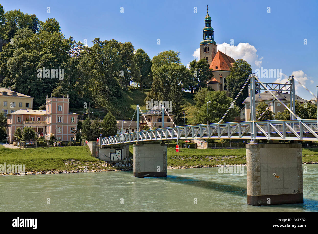 Austria Saltzberg Mullner Church and Foot Bridge Stock Photo