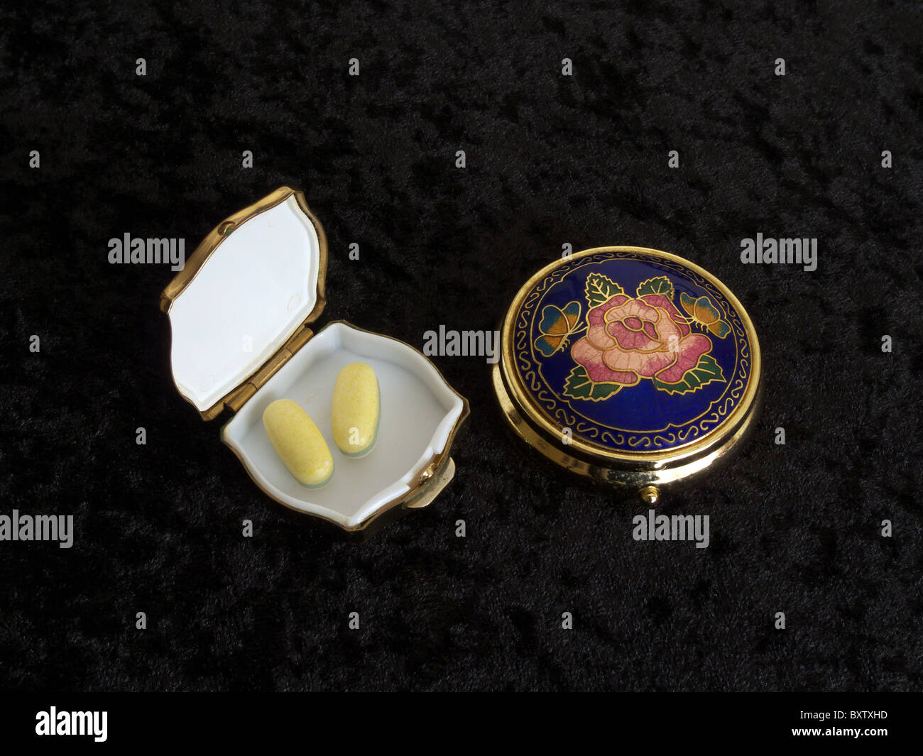 Two Womens Decorative Pill Boxes On A Black Velvet Background Uk