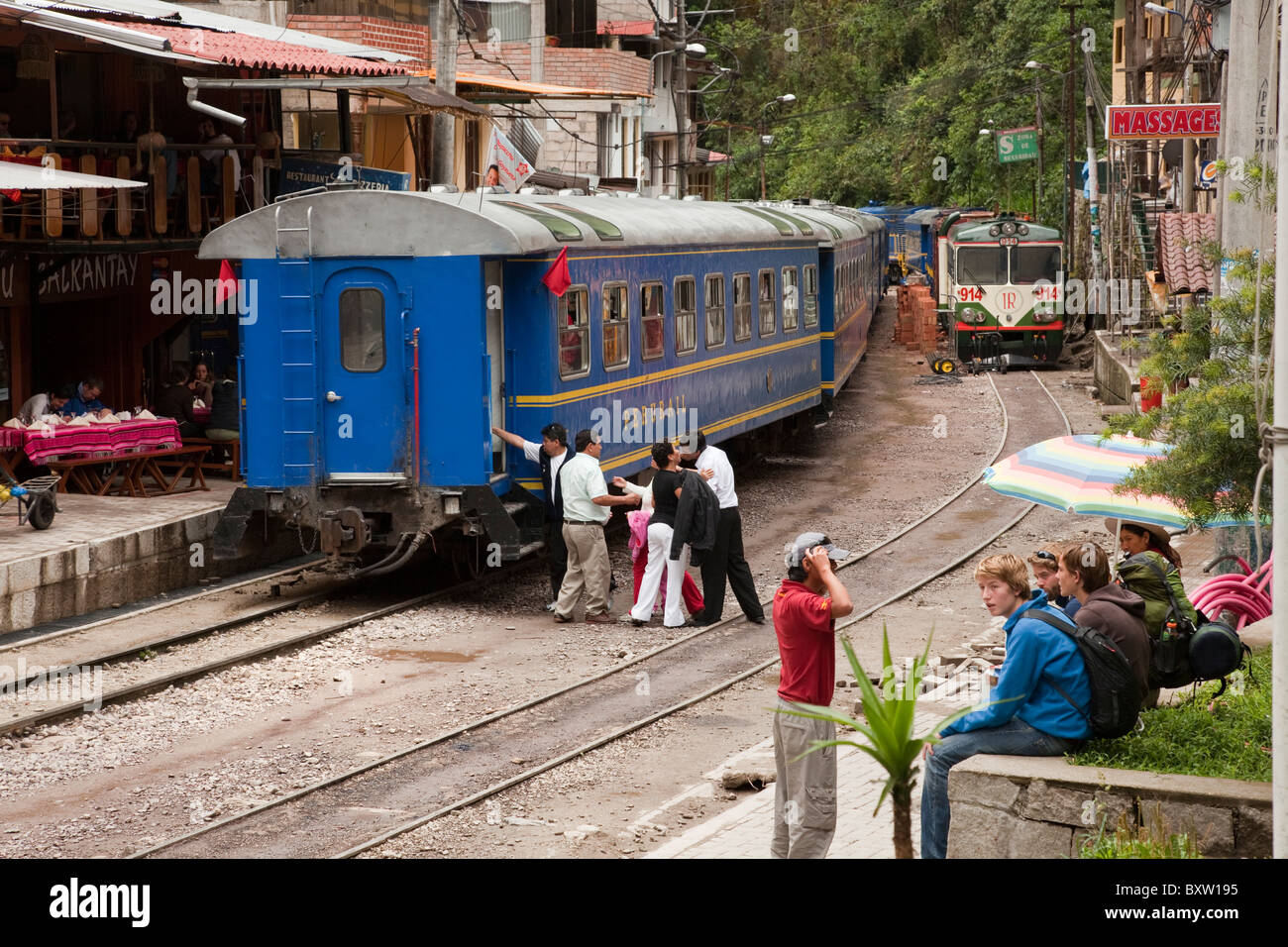 Trains at Aguas Calientes railway station, Peru, South America Stock