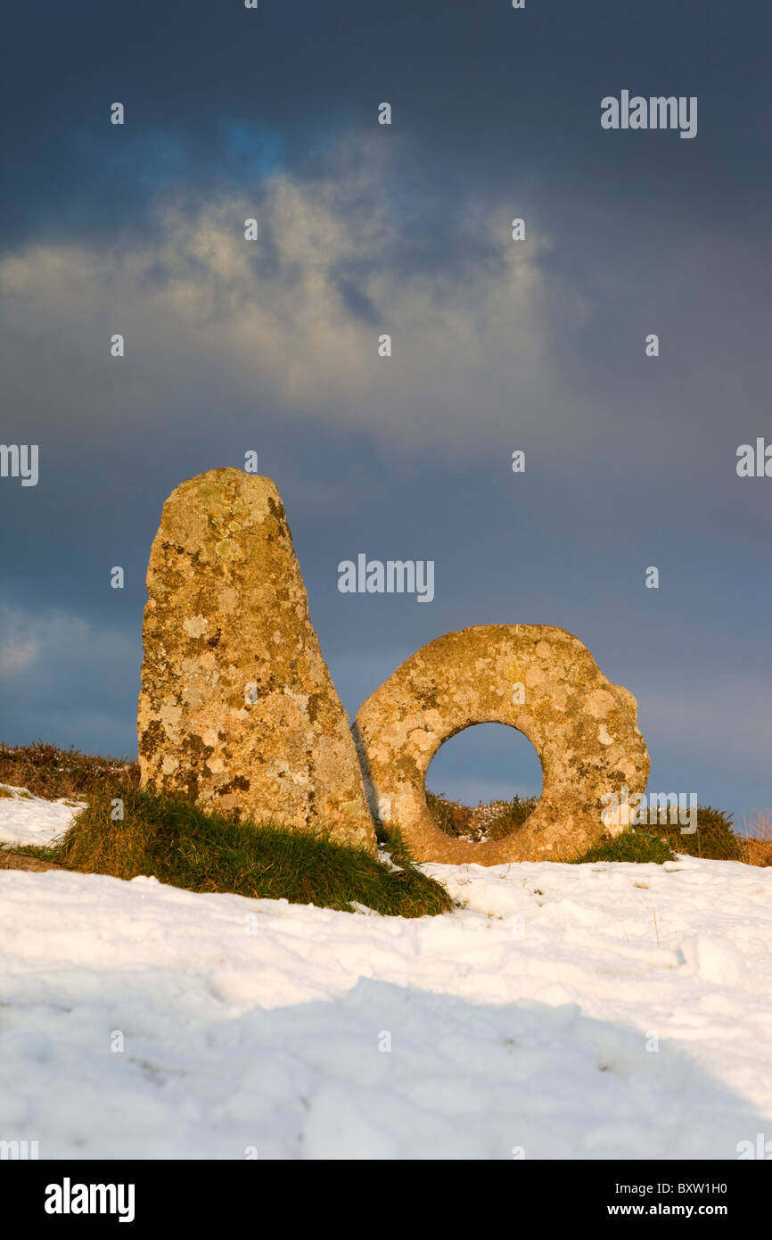 Men an Tol; ancient monument; in snow; Cornwall Stock Photo