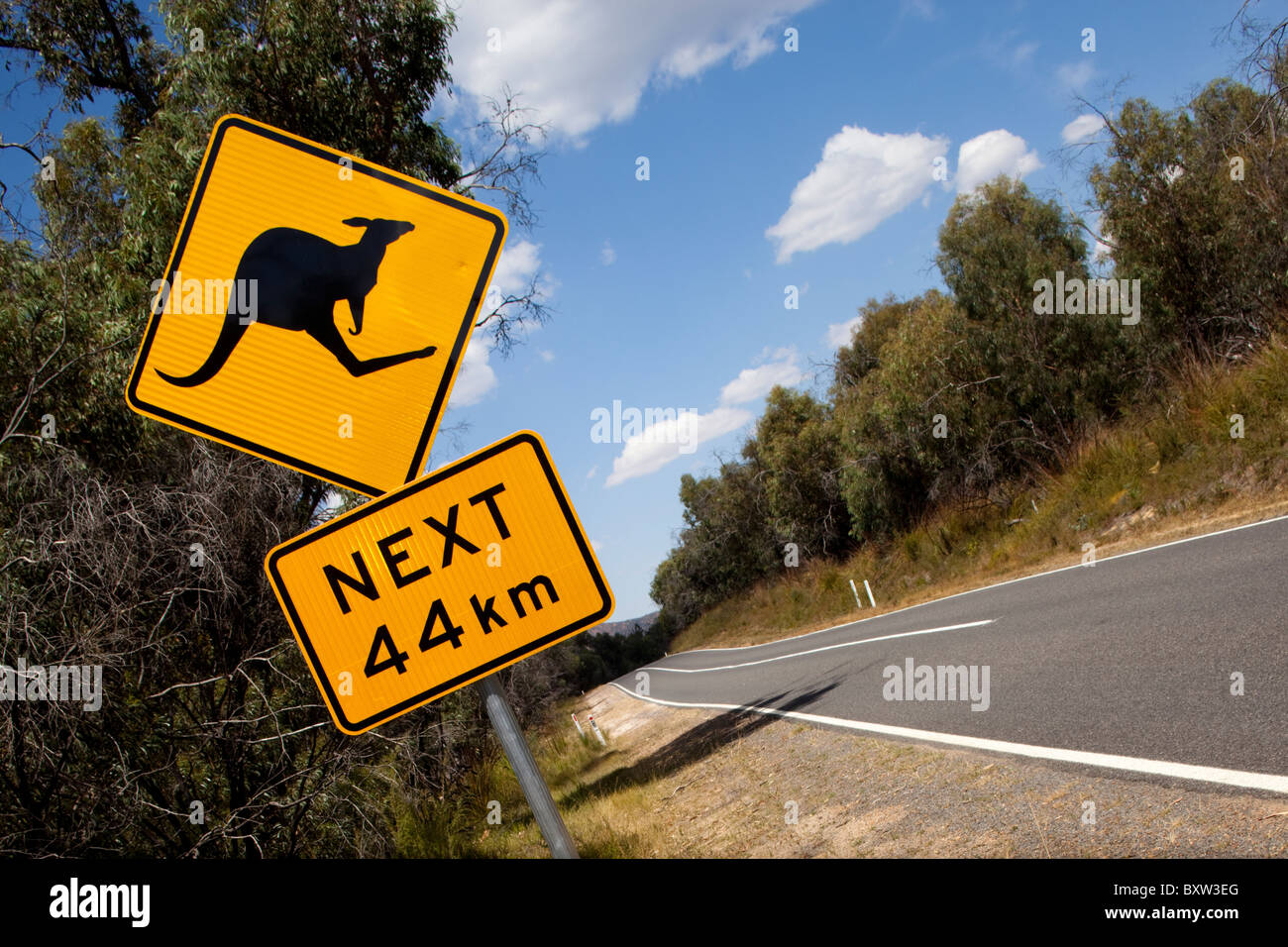 Australia, Victoria, Grampians National Park, Kangaroo Crossing road warning sign along rural road Stock Photo