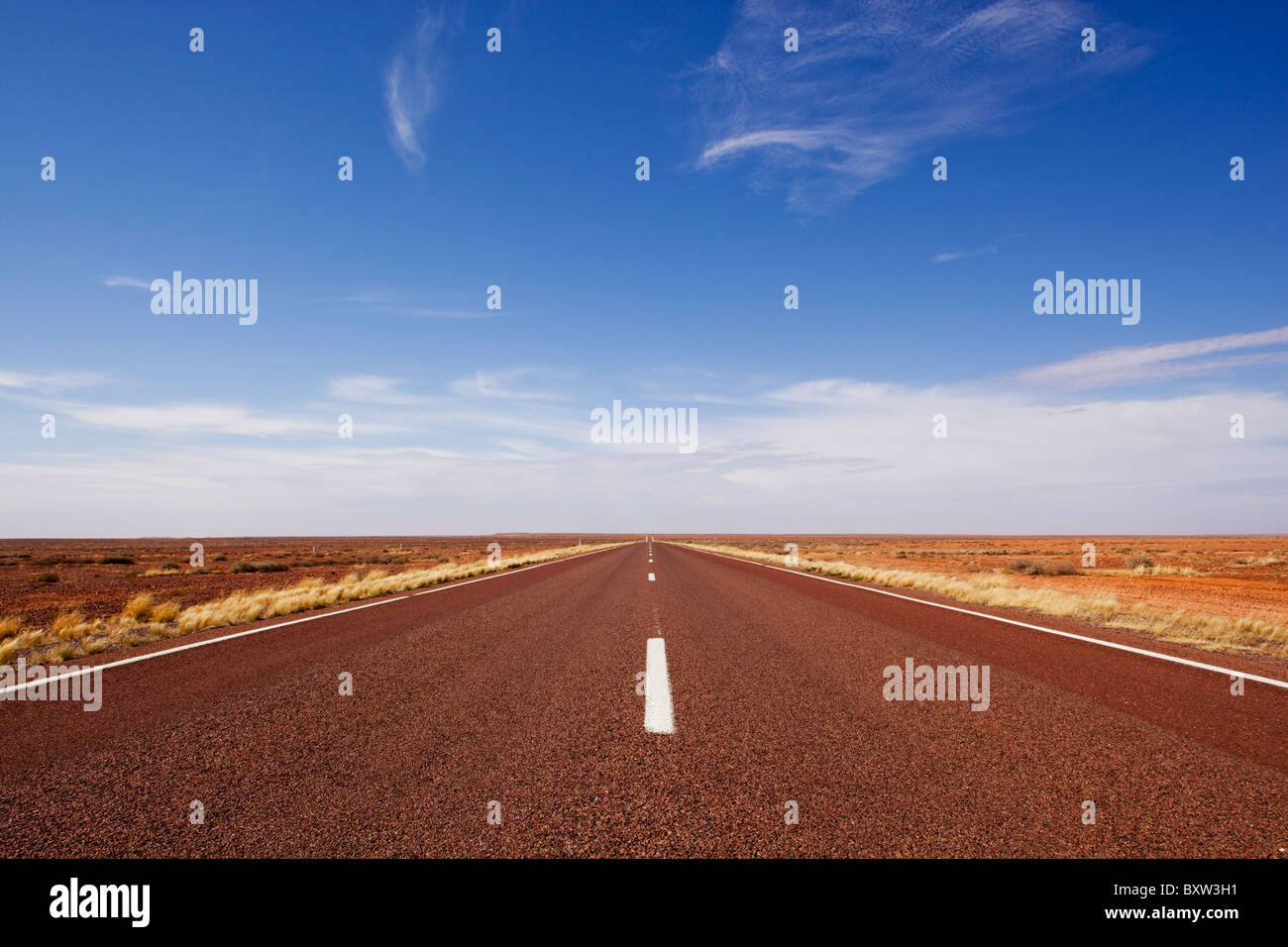 Australia, South Australia, Empty stretch of Stuart Highway running straight through outback desert on summer morning Stock Photo