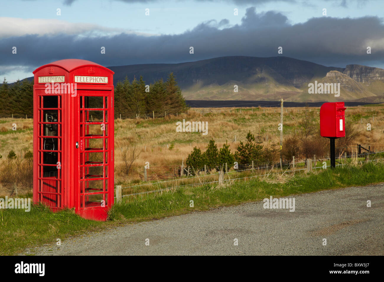 Public Phone Box and Post Box, Ellishadder, near Staffin, Trotternish Peninsula, Isle of Skye, Scotland, United Kingdom Stock Photo