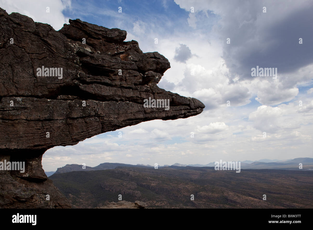 Australia, Victoria, Grampians National Park, Summer clouds gather above The Grampians mountain and The Balconies rock cliffs Stock Photo