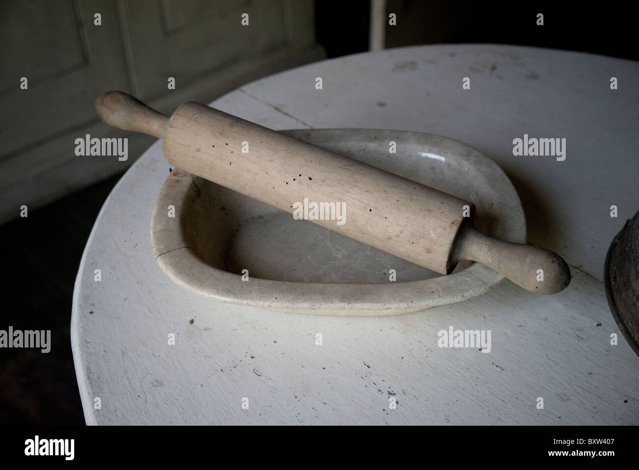 old rolling pin and pie dish Stock Photo Alamy